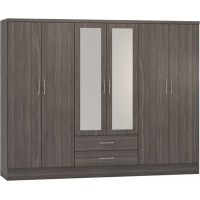 Nevada 6 door 2 drawer mirrored wardrobe in black wood grain