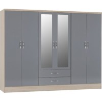 Nevada 6 door 2 drawer mirrored wardrobe in grey
