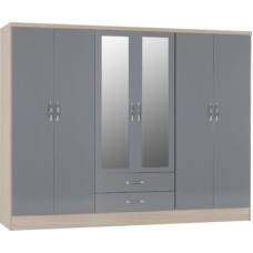 Nevada 6 door 2 drawer mirrored wardrobe in grey