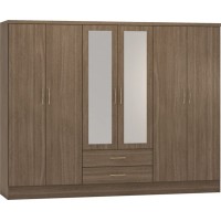 Nevada 6 door 2 drawer mirrored wardrobe in rustic oak effect