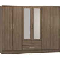 Nevada 6 door 2 drawer mirrored wardrobe in rustic oak effect