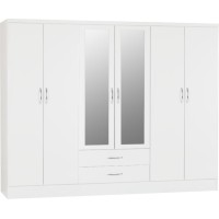 Nevada 6 door 2 drawer mirrored wardrobe in white